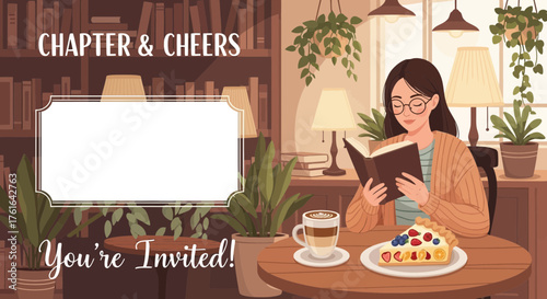Book Club Invitation with Reader, Dessert and Coffee in a Cozy Interior