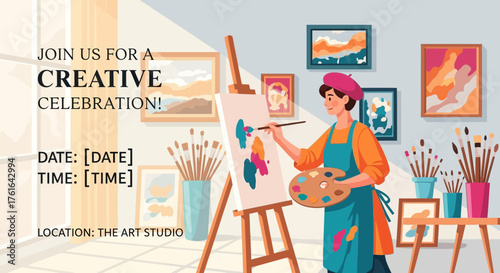 Artistic gathering celebration, an invitation to a vibrant studio workshop event