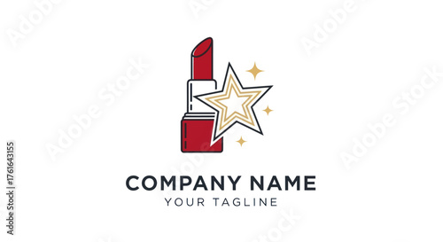 Red Lipstick and Golden Star Logo Design for Beauty Brand.