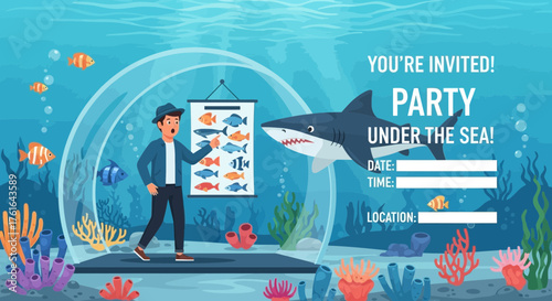 Underwater party invitation template with fish, shark and marine life illustration