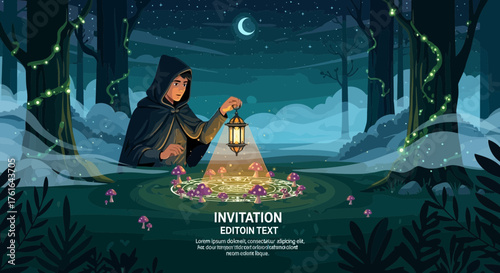 Enchanted Forest Lantern Bearer Illustration with Moonlit Mystical Scene