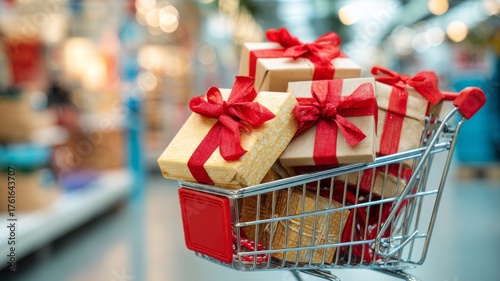 Shopping cart filled with wrapped christmas presents and red bows, gift boxes in supermarket trolley for holiday shopping, festive new year and christmas sale concept, toy and gift haul for seasonal c