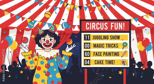 Whimsical circus event illustration featuring a happy clown and fun activities