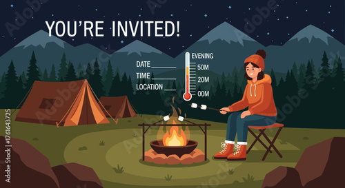A Vibrant Camping Adventure Invitation Featuring Campfire and Marshmallow Toasting Scene