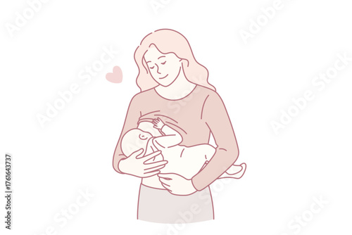 Happy motherhood and breastfeeding concept. Young happy loving smiling woman mother cartoon character standing holding her infant newborn baby breastfeeding vector illustration