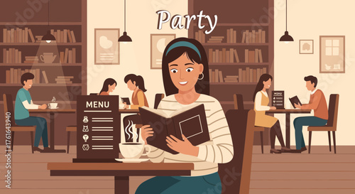 Cozy library café with people enjoying books and drinks in a relaxed atmosphere