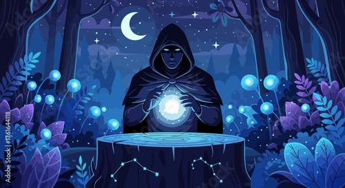 Hooded Mystic Conjuring Magic in the Moonlight Forest Surrounded by Enchanted Flora