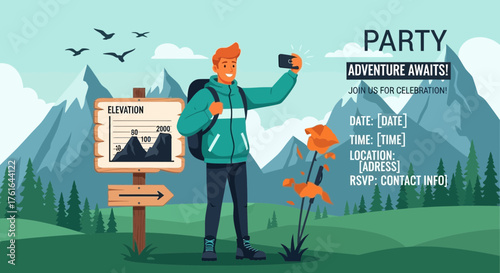 Adventurer takes a selfie in mountainous landscape, party and event invitation