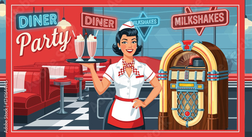 Nostalgic illustration of a diner party with waitress and jukebox scene