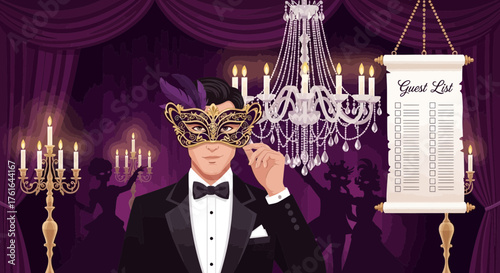 Elegant Masquerade Ball with Guest List and Formal Attire in a Luxurious Setting