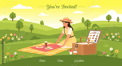 Charming picnic invitation design with a woman enjoying a sunny day outdoors