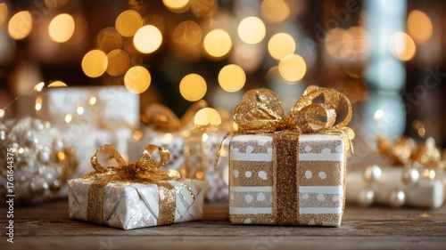 White and gold christmas presents on table with soft bokeh lights, festive holiday gift wrapping and seasonal decoration background.