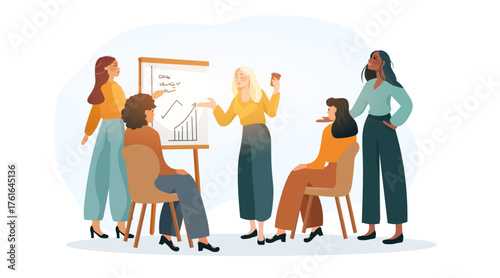 Business meeting women teamwork presentation growth chart group discussion flipchart diverse office interior modern workplace concept