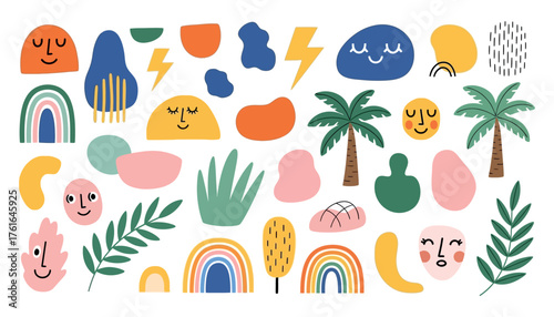 Vector art of abstract shapes and elements with faces, rainbows, palm trees, and leaves