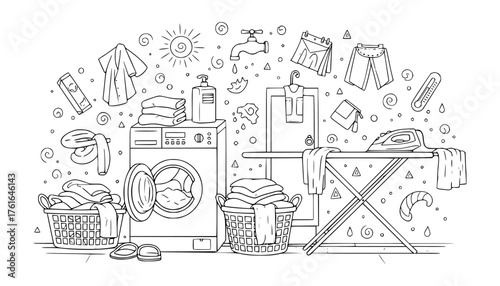 Vector art of a whimsical line art illustration depicting various laundry items and appliances