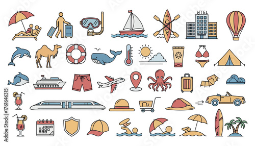 Vector art of collection of travel and vacation icons, including transportation, beach, and leisure activities