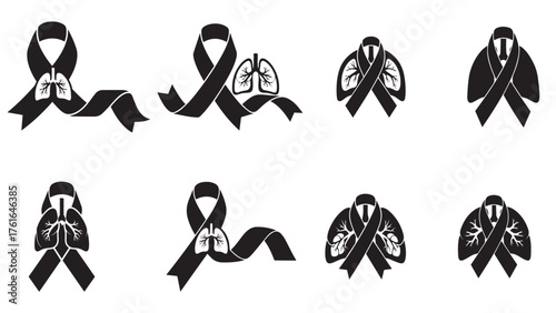 Pearl awareness ribbon forming negative-space lungs, bold black silhouette icon for lung cancer support, screening, prevention, and november campaigns