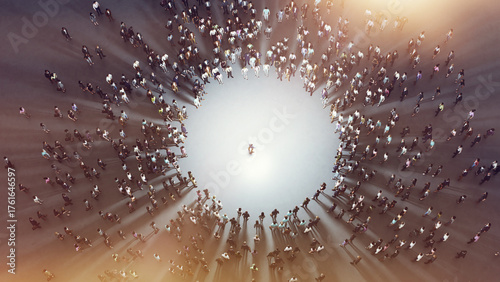 Large group of business people forming a circle around one person standing out from the crowd, leadership and individuality concept. 3d render