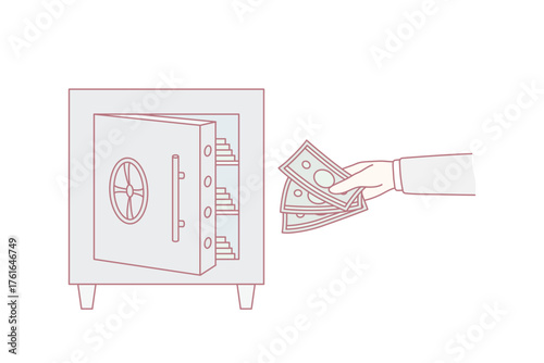 Man put money into vault make investment for future. Male investor save cash in protected strongbox. Saving and banking. Finance stability concept. Credit and deposit. Vector illustration.