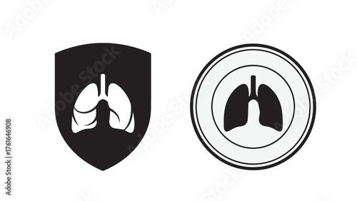 Shield badge with stylized lungs cut-out and “support & screen” placeholder, strong black healthcare emblem for cancer awareness and community programs