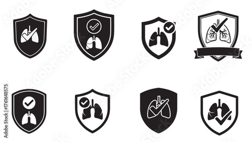 Shield with checkmark and lungs, approved screening badge in bold black for hospital programs, safety standards, and preventive health messaging