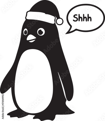 Cute cartoon penguin wearing a santa hat and saying shhh in a speech bubble silhouette