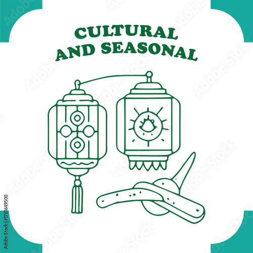 Cultural Lanterns and Traditional Folk Instrument Line Art Illustration.