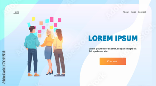 Business team brainstorming meeting sticky notes collaboration modern office workspace website landing page template