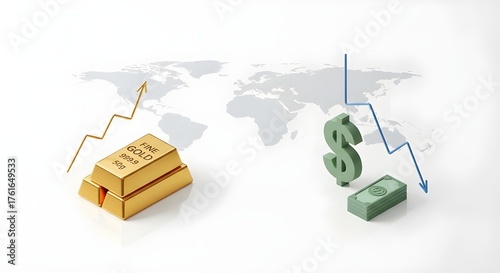 3D illustration of global economic concept showing rising gold prices and falling US dollar value.