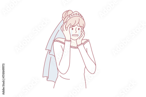 Abandoned bride, deception, betrayal concept. Young sad depressed crying woman wife or bride standing touching face feeling shocked and unhappy vector illustration