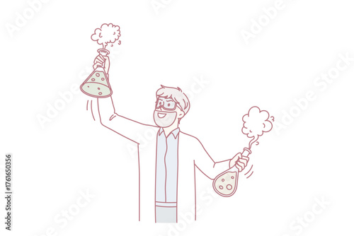 Male scientist in medical uniform hold test tubes make discovery in lab. Man chemical worker do experiments in laboratory. Research and science. Vaccine development. Flat vector illustration.