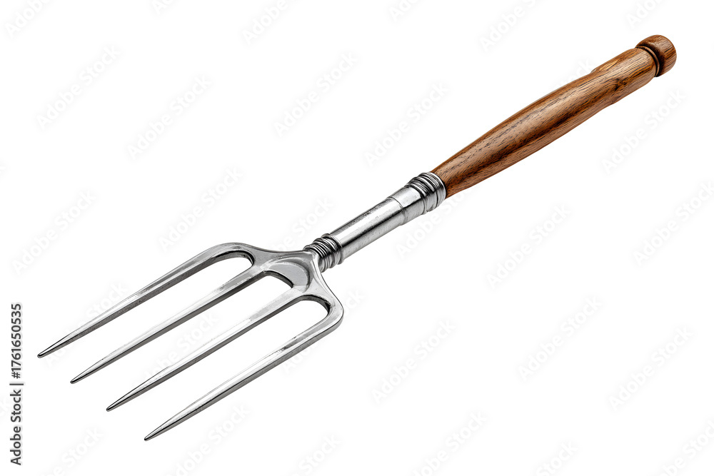 Obraz premium Steel pitchfork with wooden handle, isolated on transparent background