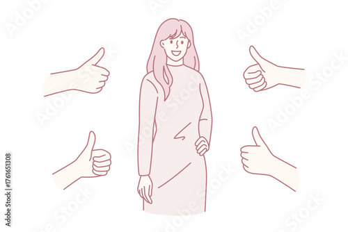 Smiling young woman get likes of subscribers, feel popular in social media. Happy millennial girl receive acknowledgment and public approval. People give thumbs up. Recognition. Vector illustration.