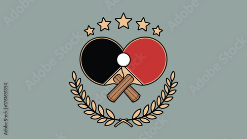 Celebrate table tennis victories with this graphic featuring crossed paddles, a ball, stars, and laurel wreath for dynamic sports designs