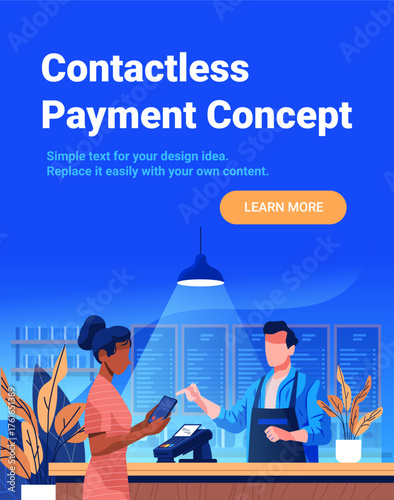 Contactless payment concept digital transaction cashier customer smartphone POS terminal modern store counter plants blue background website banner