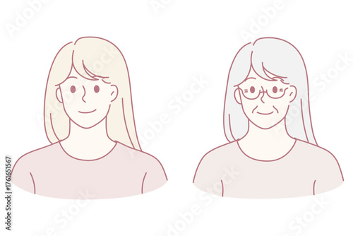 Young and old woman comparison on one picture. Person aging have facial differences. Younger and older generation lady. Youth and maturity concept. Vector illustration, cartoon character.