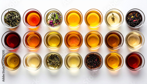 Top view of assorted herbal and adaptogen teas in glass cups showing vibrant natural colors, symbolizing wellness, balance, and healthy living in a clean minimalist presentation