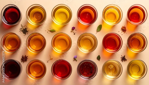 Top view of assorted herbal and adaptogen teas in glass cups showing vibrant natural colors, symbolizing wellness, balance, and healthy living in a clean minimalist presentation