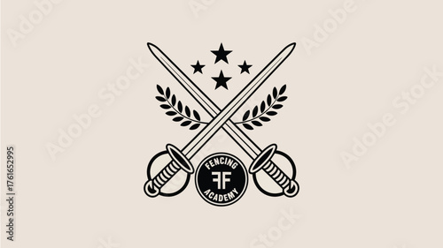 Elegant fencing academy logo with crossed swords and stars, perfect for branding, team apparel, or promotional materials with a classic athletic appeal