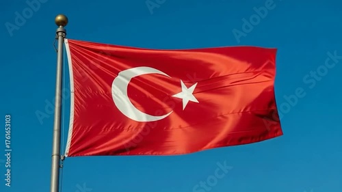 Turkiye Turkey flag is waving against a blue sky background