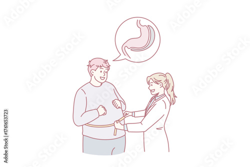 Doctor measure fat obese male patient belly prepare for bariatric surgery. Female surgeon or dietician examine overweight man waist. Diet, obesity concept. Weight loss medicine. Vector illustration.