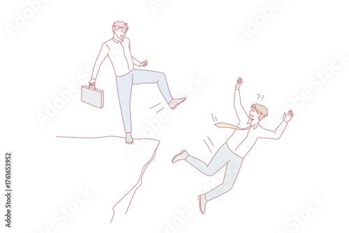 Businessman kick throw male colleague off cliff or hill. Man eliminate rival coworker at workplace. Rivalry and competition concept. Cheating competitor or partner. Flat vector illustration.