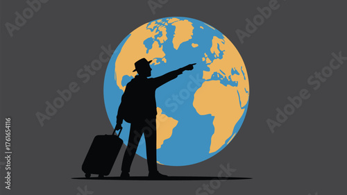 Inspiring wanderlust adventure awaits as traveler points to Europe on world globe with suitcase planning future trip and vacation, a call to explore