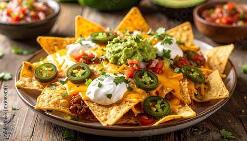 A vibrant plate of loaded nachos topped with melted cheese, jalapeños, guacamole, sour cream, salsa, and fresh cilantro, served on a rustic wooden table