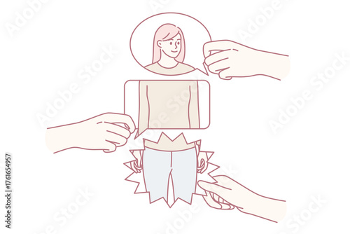 Whole picture and individuality concept. Human hands holding pieces of various shapes of one young woman picture vector illustration