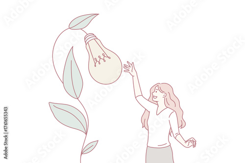 Motivated young woman grow creative business idea, caress lightbulb come from flower. Happy girl brainstorm develop strategy or startup. Creativity, inspiration. Vector illustration.