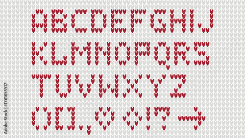 Knitted alphabet. Latin capital letters crocheted with red thread stitches. Cozy Christmas holiday font, vector graphic.
