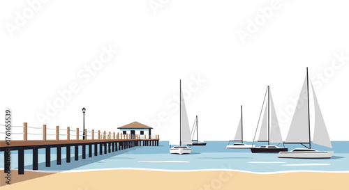 Seascape vector art of pier and sailing yachts at beach harbor