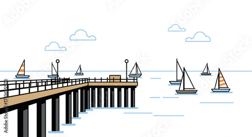 Minimalist Pier Scene with Sailboats on the Ocean