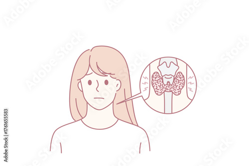 Unhappy sick woman have problems with gland or trachea suffer from painful feeling. Unhealthy girl with closeup picture of larynx body organ. Healthcare concept. Anatomy. Vector illustration.